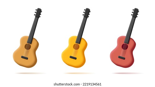 Guitar 3d icon set isolated on white background. Classic guitar wooden in different colors