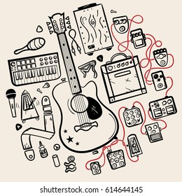 Guitar accessories line vector icons in circle composition. Guitar pedals,acoustic and electro instruments, cables,  and mediators illustrations.