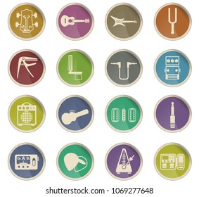 guitar and accessories web icons in the form of round paper labels