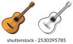 Guitar Acoustic Coloring Pages For Kids. Acoustic Coloring Book Printable. Acoustic Guitar Illustration Vector Design On White Background