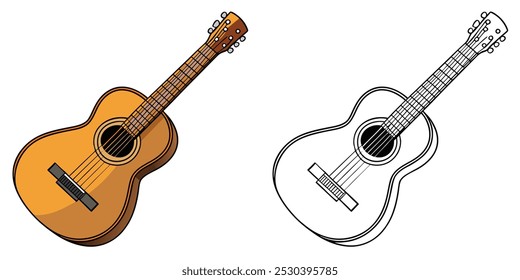 Guitar Acoustic Coloring Pages For Kids. Acoustic Coloring Book Printable. Acoustic Guitar Illustration Vector Design On White Background