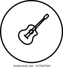 Guitar acoustic instrument, music icon, outline in circle, black and white drawing button.