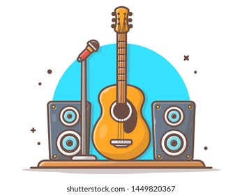 Guitar Acoustic with Microphone and Sound Speaker Music Vector Illustration. Acoustic Performance. Flat Cartoon Style Suitable for Web Landing Page, Banner, Flyer, Sticker, Wallpaper, Card, Background