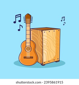 música acústica de guitarra con Ilustración de Icono del Vector de Cajón. Estilo de caricatura plano adecuado para la página de aterrizaje web, pancarta, volante, adhesivo, tarjeta, fondo