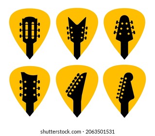 Guitar acoustic pick set vector design icon flat logo. Mediator guitar music symbol headstock