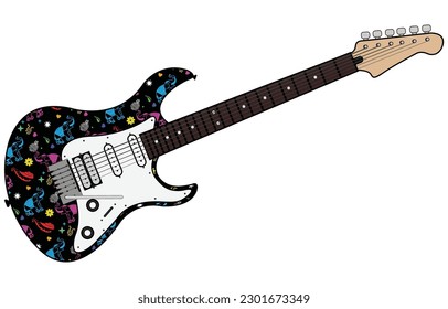Guitar. Add colorful, ethnic patterns. Music. White background.