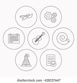 Guitar, airplane and lighthouse icons. Shell linear sign. Check file, calendar and cogwheel icons. Vector