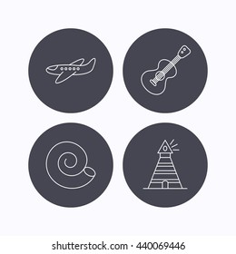 Guitar, airplane and lighthouse icons. Shell linear sign. Flat icons in circle buttons on white background. Vector