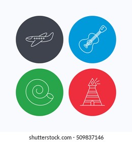 Guitar, airplane and lighthouse icons. Shell linear sign. Linear icons on colored buttons. Flat web symbols. Vector
