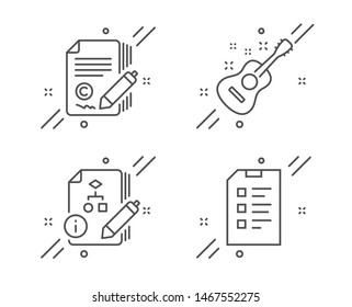Guitar, Algorithm and Copywriting line icons set. Checklist sign. Acoustic instrument, Project, Ð¡opyright signature. Data list. Education set. Line guitar outline icon. Vector