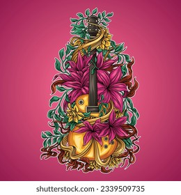 a guitar almost covered in pretty flowers. The guitar is a stringed instrument that is played by picking
