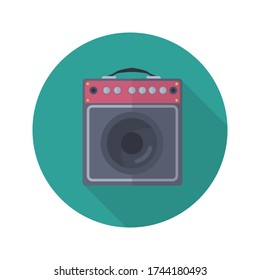 Guitar amplifier flat illustration. Guitar amplifier circle icon with long shadow. Vector.