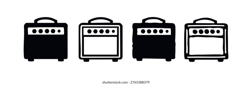 Guitar Amplifier Icons Set. Black and white vector silhouettes and outlines of music audio equipment.