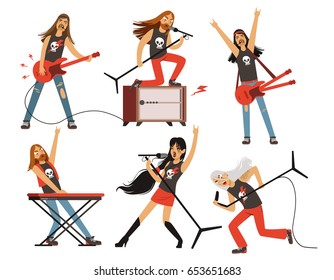 Guitar, amplifier and other music equipment. Rock or pop band characters. Vector illustrations set