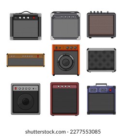 guitar amplifier set cartoon. music amp, audio speaker, rock vintage, volume bass, studio guitar amplifier vector illustration