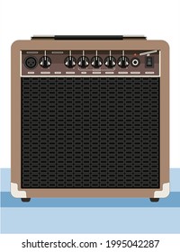 Guitar amplifier and speaker. Concert equipment. Material for rider artist-musician. Rehearsal technique. Music studio theme. Guitar monitoring. Portable monaural speaker system. Vector illustration.