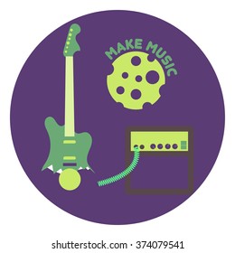 Guitar and amplifier with text on a colored background