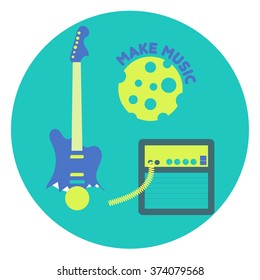 Guitar and amplifier with text on a colored background