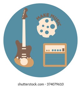 Guitar and amplifier with text on a colored background