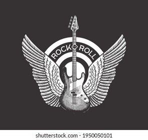 Guitar with angel wings. Hand Drawn grunge sketch with a tattoo or t-shirt or woodcut. Rock concept. Vintage Vector illustration for poster or banner.
