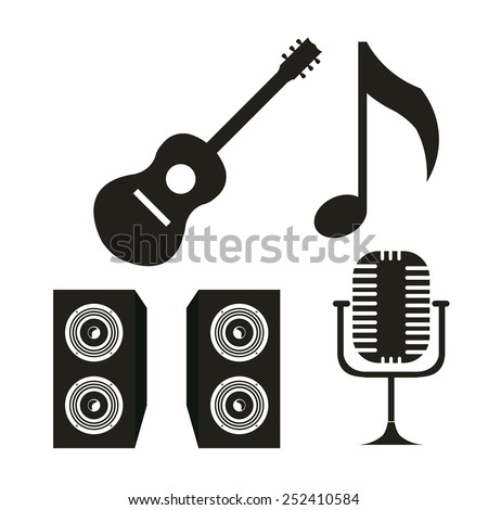 guitar, baffles and microphone over white color background
