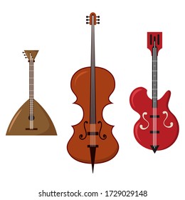 Guitar, balalaika and contrabass vector music instruments set isolated on a white background.
