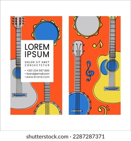 GUITAR BANJO TAMBOURINE Country Music Lesson Acoustic Instruments Music Teacher Business Card Bright Templates Education Clip Art Vector Illustration Set