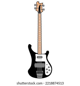 Bajo de guitarra de 4 cuerdas de madera color cuello sobre fondo blanco.