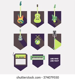 guitar bass electric guitar microphone amplifier keys ukulele drums on a white background