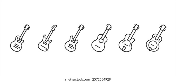 Guitar, bass guitar icon set in different styles. Acoustic and electric musical instrument symbol. Flat icon of guitar, bass guitar acoustic and electric vector illustration in transparent background.