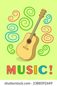 The guitar is beige or made of wood with the inscription MUSIC on a yellow vertical background with a pattern. Music and musical instruments. Print on fabric. Concept. Vector illustration.