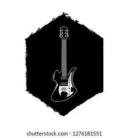 guitar in black hexagon on white background, vector illustration