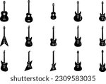 Guitar black silhouette set, flat vector illustration