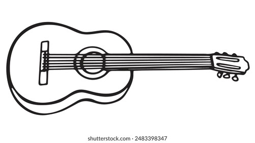 guitar black and white outline sketch drawing. six-string guitar musical instrument for solo, orchestra, vector illustration for posters, fliers, music lessons banners, festivals, bars, restaurant