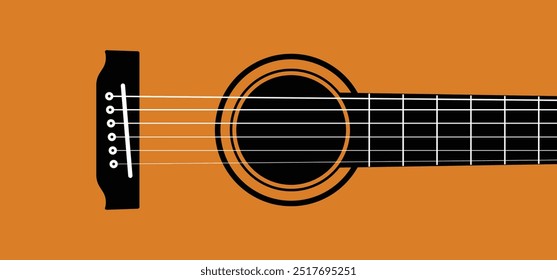 Guitar body, acoustic music. Acoustic guitar banner or poster. World music day. Sound hole of acoustic string. Guitar terms - headstock, body, neck, bridge, fretboard, truss rod, string. Six strings.