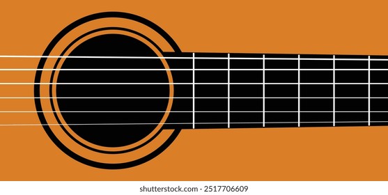 Guitar body, acoustic music. Acoustic guitar banner or poster. World music day. Sound hole of acoustic string. Guitar terms - headstock, body, neck, bridge, fretboard, truss rod, string. Six strings.