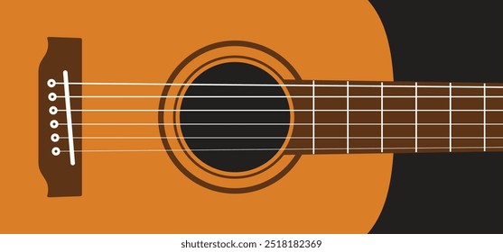 Guitar body, acoustic music. Acoustic guitar banner or poster. World music day. Sound hole of acoustic string. Guitar terms - headstock, body, neck, bridge, fretboard, truss rod, string. Six strings.