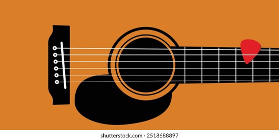 Corpo de guitarra, música acústica e plectro. Guitarra acústica, seis cordas. Dia Mundial da Música. Furo acústico de corda. Termos de guitarra - headstock, corpo, pescoço, ponte, fretboard, truss rod, pickguard.