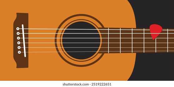 Corpo de guitarra, música acústica e plectro. Guitarra acústica, seis cordas. Dia Mundial da Música. Furo acústico de corda. Termos de guitarra - headstock, corpo, pescoço, ponte, fretboard, truss rod, pickguard.