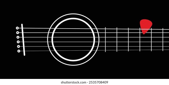 Corpo de guitarra, música acústica e plectro. Guitarra acústica, seis cordas. Dia Mundial da Música. Furo acústico de corda. Termos de guitarra - headstock, corpo, pescoço, ponte, fretboard, truss rod, pickguard.