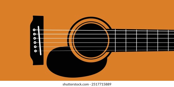 Guitar body, acoustic music. Acoustic guitar, six strings. World music day. Sound hole of acoustic string. Guitar terms - headstock, body, neck, bridge, fretboard, truss rod, pickguard.