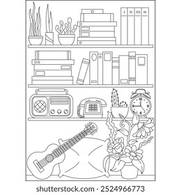 página de livro de coloração de estilo mínimo da estante de guitarra para crianças e adultos de coloração criativa de atenção à atividade de relaxamento