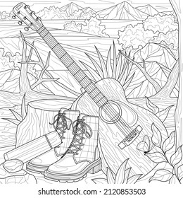 
Guitar and boots in nature.Musical instrument.Coloring book antistress for children and adults. Illustration isolated on white background.Zen-tangle style. Hand draw