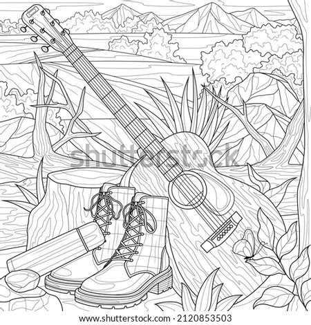 
Guitar and boots in nature.Musical instrument.Coloring book antistress for children and adults. Illustration isolated on white background.Zen-tangle style. Hand draw