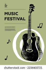 Guitar, bracket, quadrant, folk. Music festival poster. String musical instruments. Competition.  A set of vector illustrations. Minimalistic design. Banner, flyer, cover, print.