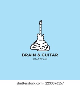 Guitar with brain smart music education logo design concept. Vector illustration