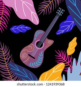 Guitar and Bright tropical leaves with flowers on black background. Hand drawing flat doodles vector illustration