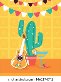 guitar cactus cocktail decoration celebration viva mexico vector illustration