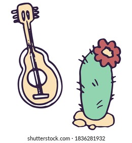 Guitar and cactus icon set on white isolated backdrop. Day of the dead for invitation or gift card, notebook, bath tile, scrapbook Phone case or cloth print Doodle style stock vector illustration