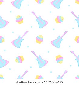 Guitar, cake and stars. Seamless pattern for the decoration of the nursery for a girl or boy, for the design of kids clothing, things